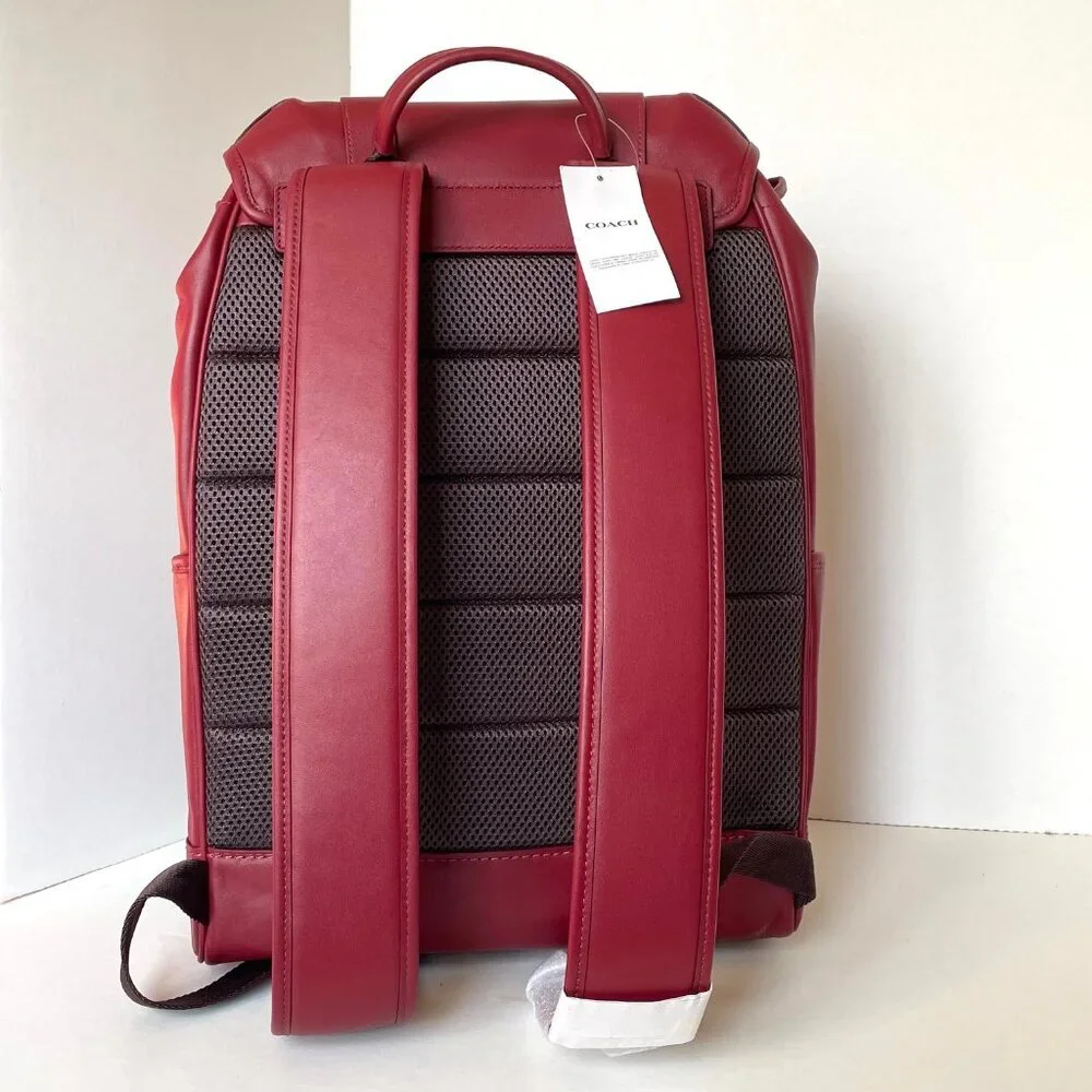 Coach League Flap Backpack Dark Ruby Leather Laptop Bag Mens